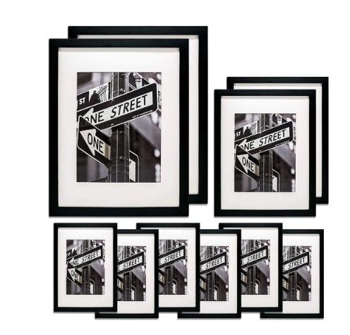 Photo 1 of 10 PIECE BLACK SOLID PINE WOOD TEMPERED GLASS MULTI-SIZE PICTURE FRAME SET
