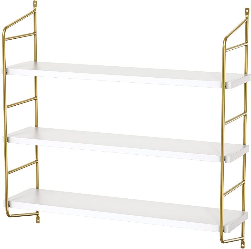 Photo 1 of AMADA HOMEFURNISHING Floating Shelves Wall Mounted, Gold Wall Shelves for Living Room, Bedroom, Bathroom, Kitchen, 3 Tier Bookshelf 24 Inch White and Gold - AMFS15
