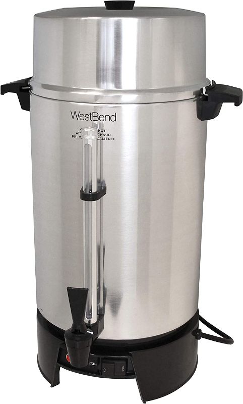 Photo 1 of West Bend 33600 Coffee Urn Commercial Highly-Polished Aluminum NSF Approved Features Automatic Temperature Control Large Capacity with Fast Brewing and Easy Clean Up, 100-Cup, Silver
