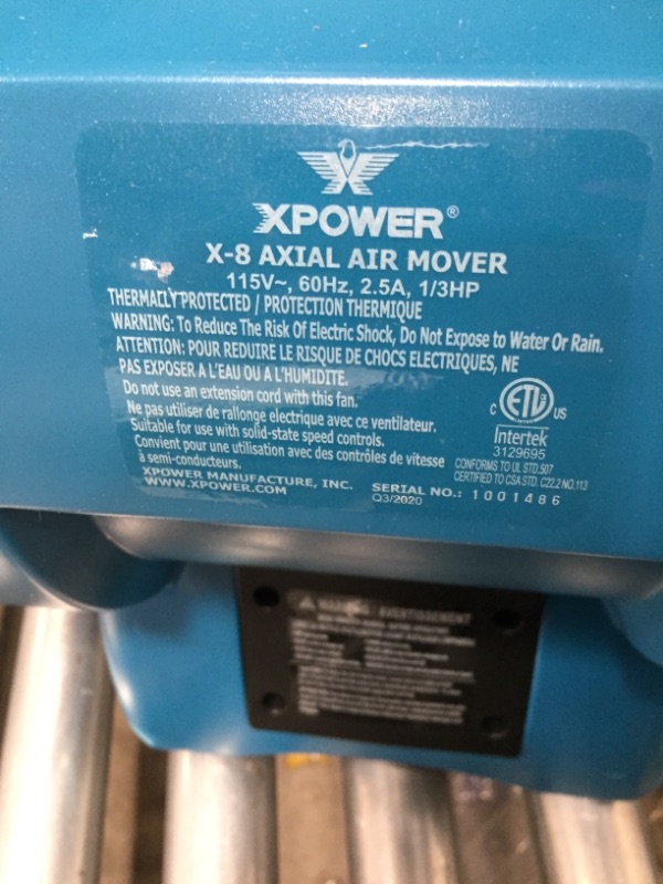 Photo 3 of XPOWER X-8 8" Diameter Industrial Confined Space Ventilation Fan – for Man Holes, Valve Volts, Wet Wells, Tankers - Blue
**USED**