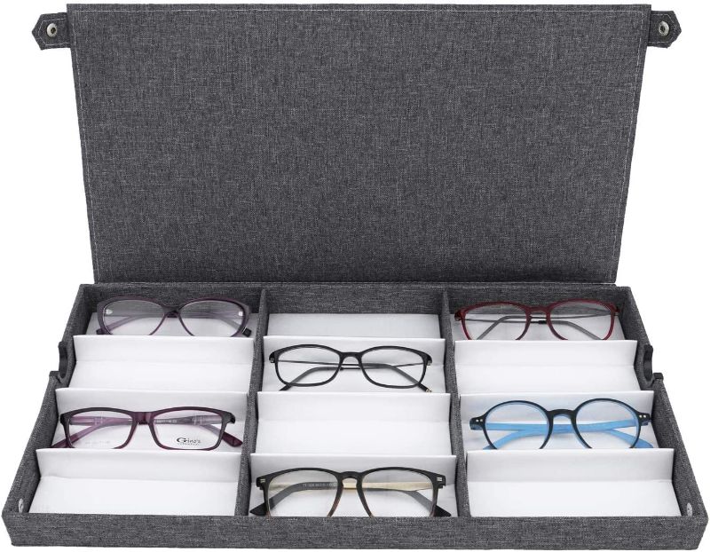 Photo 1 of Ikee Design 12 Slots Eyewear Storage Organizer for Small or Medium Glasses Display Tray, Wood Pattern Cover for Eyeglasses, Watches and Jewelry, Grey Linen, 19”W x 10”D x 1.5" H
