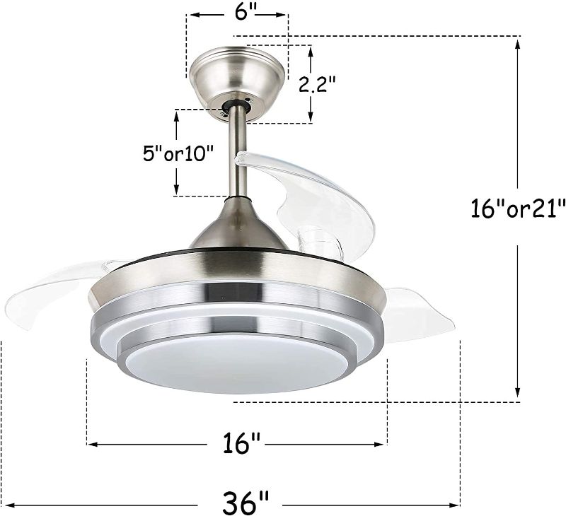 Photo 1 of 36" Retractable Ceiling Fan with Lights and Remote Control Modern Ceiling Fan with Retractable Blades, Silent Motor, 3 Light Color Change, 4 Timing Options, Brushed Nickel
