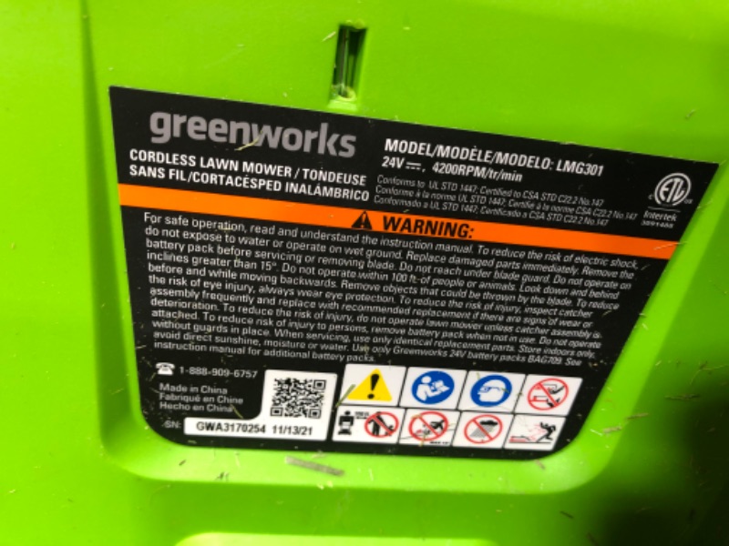 Photo 4 of ***DAMAGED***
Greenworks 24V 13-Inch Cordless (2-In-1) Push Lawn Mower, 4.0Ah USB Battery (USB Hub) and Charger Included MO24B410
