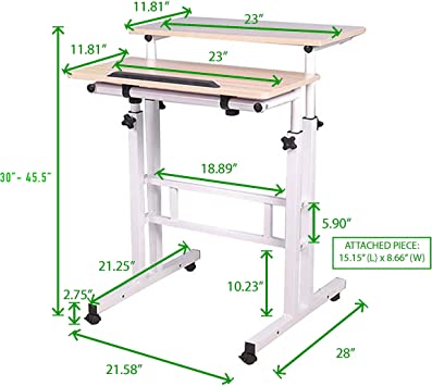 Photo 1 of Mind Reader SDROLL-WHT Mobile Sitting, Standing Desk Rolling Reversible Home Office Laptop Workstation with Side Storage, Locking Wheels, Large, White
