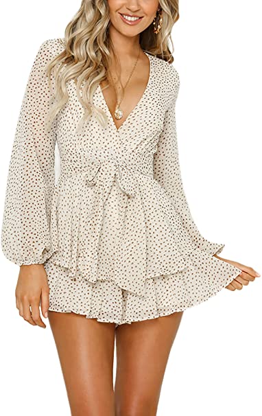 Photo 1 of AIMCOO Women's Long Bubble Sleeve Polka Dot Romper Floral Print V-Neck Jumpsuit Layer Ruffle Hem Casual Rompers for Summer
SIZE: XL