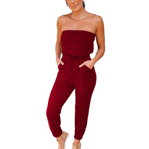 Photo 1 of  Women Strapless Tube Top Drawstring Off Shoulder Slim Fit Capri Jumpsuit Beachwear Casual Long Romper L 
