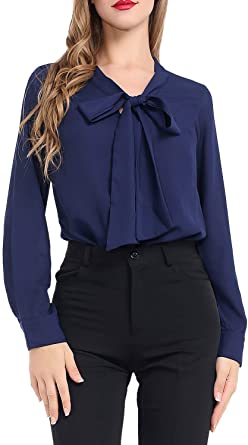 Photo 1 of AUQCO Women Bow Tie Neck Chiffon Blouses Long Sleeve Casual Work Office Button Shirts Tops Navy XL
