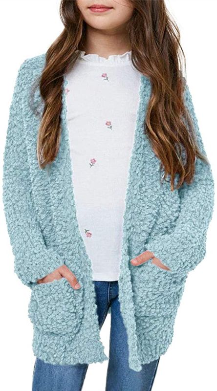 Photo 1 of Batermoon Girls Open Front Cardigan Popcorn Knit Long Sleeve Casual Sweaters Coat with Pockets 
