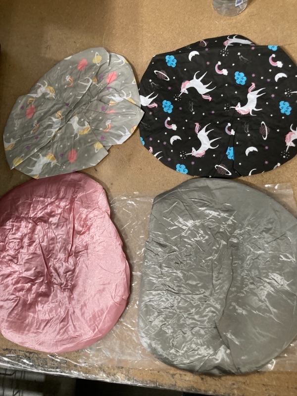 Photo 1 of 4 Pieces Shower Caps for Women, Waterproof Reusable Shower Hair Caps Elastic Hem Turban Shower Bath Caps Bowknot Silky Satin Bath Hair Caps for Long Short Curly Hair (half silk and half unicorn shower caps)
