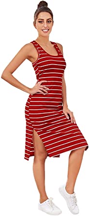 Photo 1 of ,L Women's Casual Striped Side Split Sleeveless Racerback Sundress Midi Fitted Casual Dress
