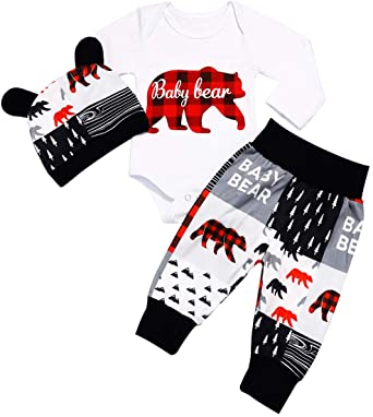 Photo 1 of 3-4T Newborn Baby Boy Girl Clothes Outfits Baby Bear Letter Print Romper Long Pants Hat 3PCS Fall Winter Set
