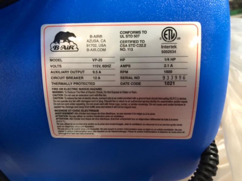 Photo 2 of (TESTED) Lasko Products B-Air 3 Speed Air Mover, 115 Volt