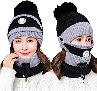 Photo 1 of 3pcs/Set Fashion Women Winter Knitted Hat Thickened Woolen Cap with Warm Mask and Neck Scarf
