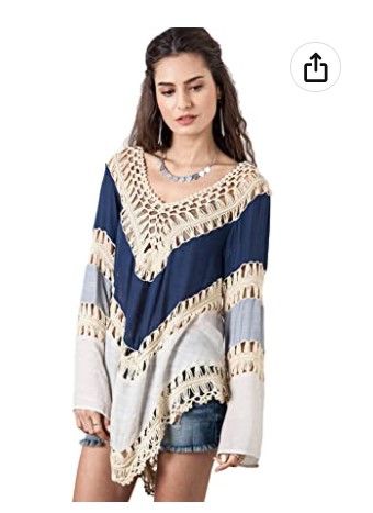 Photo 1 of Women’s Boho V Neck Crochet Tunic Tops Blouse Shirt Hollow Out Beach Swimsuit Cover up, L