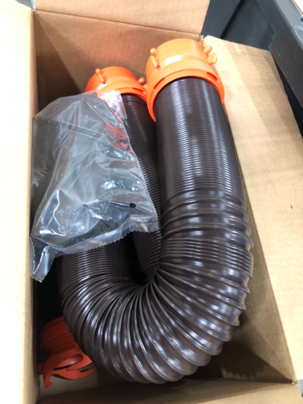 Photo 1 of Camco RhinoFLEX 15ft RV Sewer Hose Kit, Includes Swivel Fitting and Translucent Elbow with 4-In-1 Dump Station Fitting, Storage Caps Included - 39761 , Black
