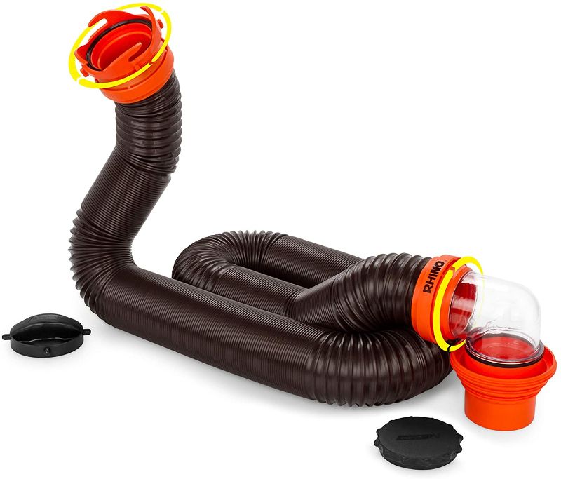 Photo 1 of Camco RhinoFLEX 15ft RV Sewer Hose Kit, Includes Swivel Fitting and Translucent Elbow with 4-In-1 Dump Station Fitting, Storage Caps Included - 39761 , Black