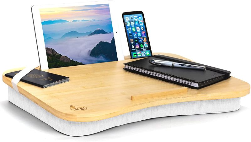 Photo 1 of Hultzzzy Home Office Lap Desk - Natural Bamboo -Fits 17" Laptops- Ipad Stand, Phone, Tablet Holder - Reading Pillow, Couch Bed Tray Table - College Dorm Room Essentials for Boys and Girls
