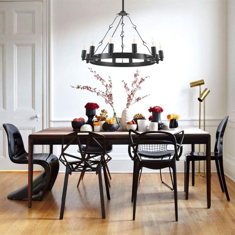 Photo 1 of **INCOMPLETE**
LAKIQ 12 Lights Black  Iron Chandelier Industrial Vintage Pendant Light Dining Table Hanging Lighting Fixture for Dining Room Living Room