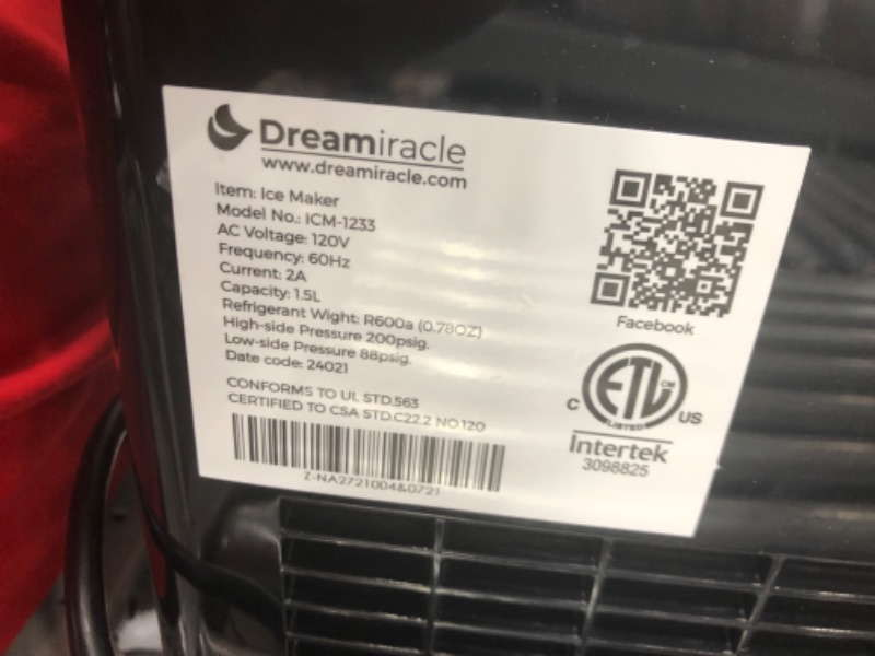 Photo 5 of **INCOMPLETE**
Dreamiracle Ice Maker Machine Countertop, 26 lbs in 24 Hours, Self-cleaning Ice Maker Countertop, 9 Cubes Ready in 8 Mins, Electric Ice Maker with Ice Scoop and Basket Home/Kitchen/Office
