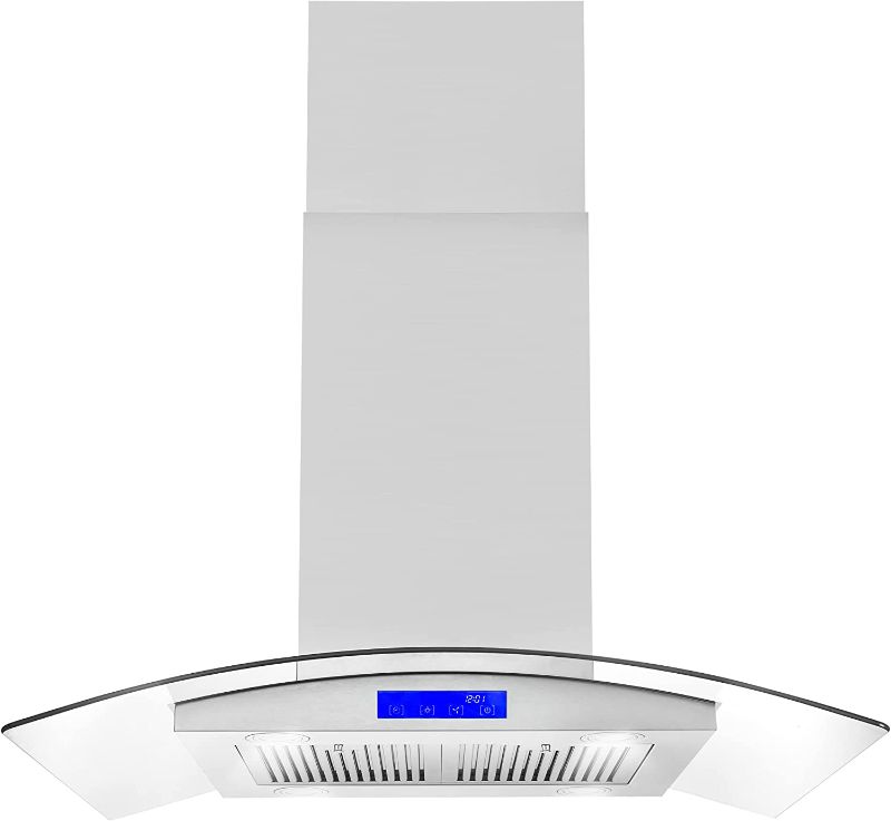 Photo 1 of Cosmo COS-668ICS900 36 in. Ducted Island Range Hood | 900 CFM, Tempered Glass Ducted Exhaust Vent, 3 Speed Fan, LCD Digital Touch Control Panel, Reusable Permanent Filters, Stainless Steel, LED Lights