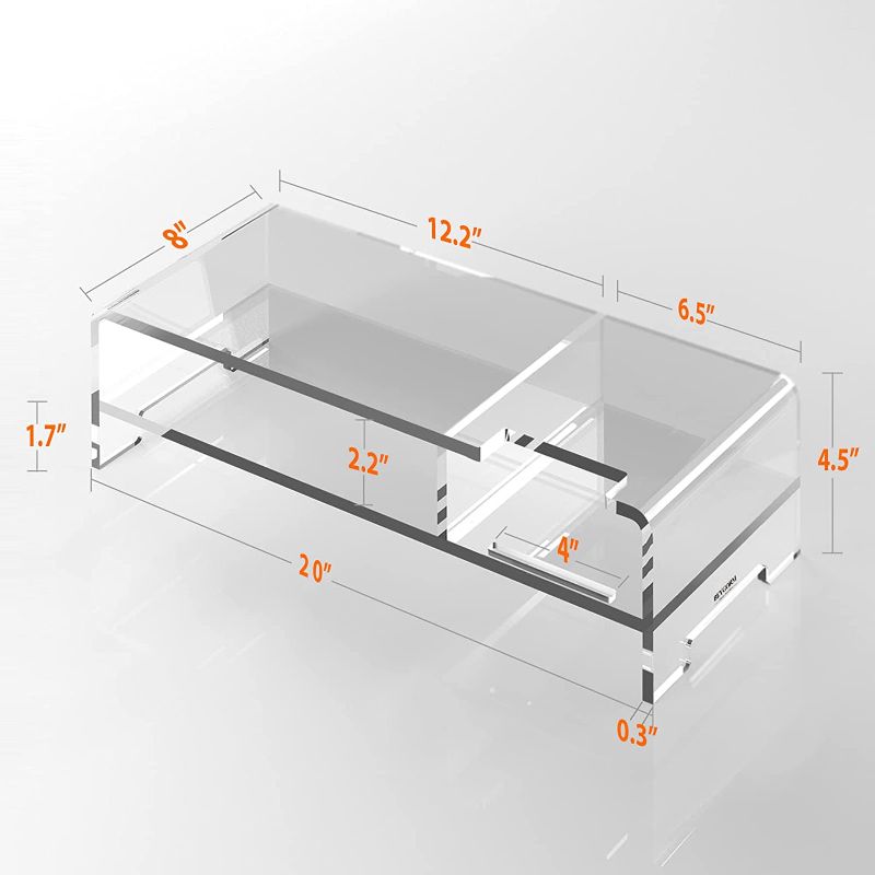 Photo 1 of Acrylic Monitor Stand Riser, Wide 20", 2 Tier Computer Stand with Storage, Desk Organizer Desktop Printer Stand Laptop Storage Shelf Screen Holder with Phone Holder