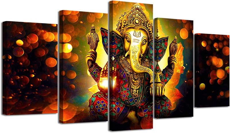 Photo 1 of  Hindu God Ganesha Wall Art Canvas Printed for Living Room Decorative Painting Modern Home Decor 5pcs HD Print Lord Ganesha Elephant Picture Art...