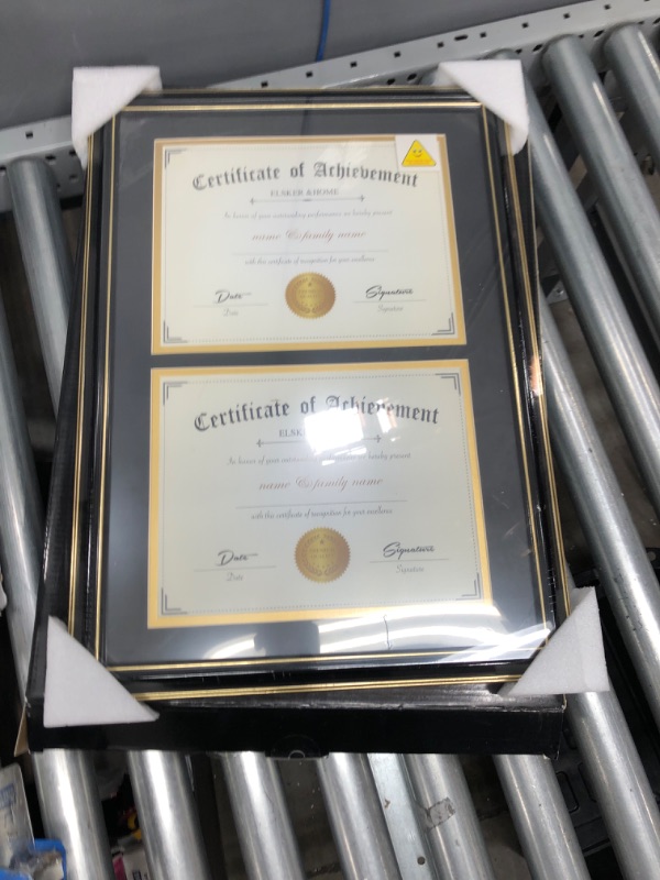 Photo 2 of  Double Diploma Frame 14"x20" for Two 8.5"x11" Certificates/Pictures with Double Mat Black Over Gold, UV Protection Acrylic, Professional Mahogany Wooden Finish Gold Beads

