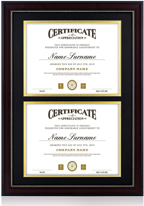 Photo 1 of  Double Diploma Frame 14"x20" for Two 8.5"x11" Certificates/Pictures with Double Mat Black Over Gold, UV Protection Acrylic, Professional Mahogany Wooden Finish Gold Beads
