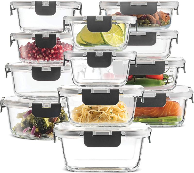 Photo 1 of 24-Piece Superior Glass Food Storage Containers Set - Newly Innovated Hinged BPA-free Locking lids - 100% Leakproof Glass Meal-Prep Containers, Great On-the-Go & Freezer-to-Oven-Safe Food Containers
