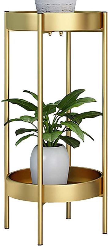 Photo 1 of 34in Height Modern Tall Plants Stand, Orchid Display Rack Potted Plant Holder Gold Metal Shelf 2 Round Tray Set Foldable Sturdy Flowers Pot Base for Indoor Outdoor Home Decor Fit Up-to 12 Inch Planter
