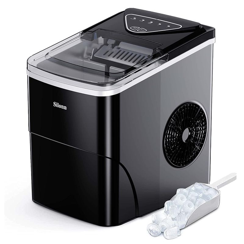 Photo 1 of Silonn Ice Makers Countertop, 9 Cubes Ready in 6 Mins, 26lbs in 24Hrs, Self-Cleaning Ice Machine with Ice Scoop and Basket, 2 Sizes of Bullet Ice for Home Kitchen Office Bar Party
