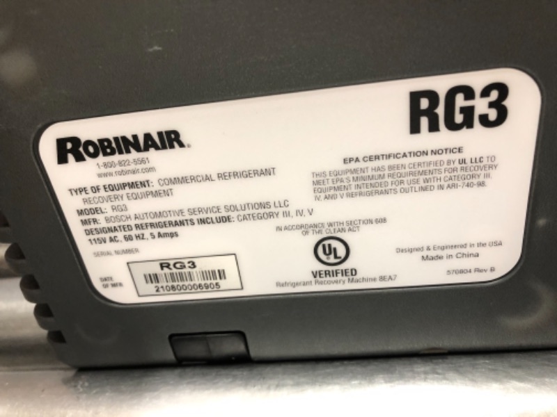 Photo 1 of Robinair (RG3 Portable Refrigerant Recovery Machine – 115V, 60Hz, for Both Liquid and Vapor Refrigerant, White
