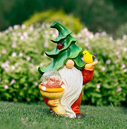 Photo 1 of Himaweek Garden Statue Gnome Figurine, Resin Gnome Sculpture Holding Mushroom Birds with Solar LED Lights, Indoor Outdoor Decoration 13" 