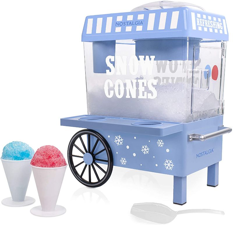 Photo 1 of **INCOMPLETE**
Nostalgia SCM525BL Vintage Countertop Snow Cone Maker Makes 20 Icy Treats, Includes 2 Reusable Plastic Cups & Ice Scoop – Blue
