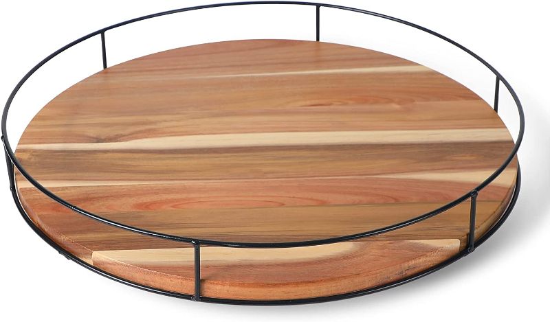 Photo 1 of 18" Acacia Wood Lazy Susan Turntable, Tomoaza Kitchen Organizer Turntable with Steel Sides, 360 Degree Turntable for Countertop Cabinet or Dining Table (Black)
