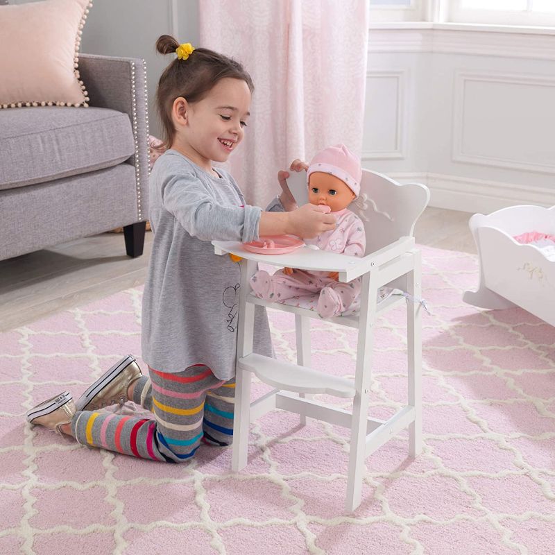 Photo 1 of KidKraft Tiffany Bow Scalloped-Edge Wooden Lil Doll High Chair with Seat Pad - White, Gift for Ages 3+
