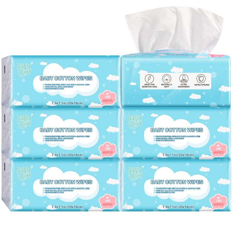 Photo 1 of Dry Wipes - HAPPY BUM Dry Baby Wipes, 100% Cotton Baby Wipes, Unscented Cotton Tissues for Sensitive Skin, 600 Count