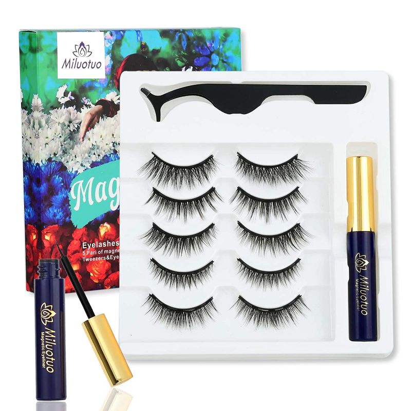 Photo 1 of 4 PACK - 
MILUOTUO 5 Styles Magnetic Eyelashes with Eyeliner Kit, 5 Pairs Different Reusable Magnetic Lashes with 1 Tubes Magnetic Eyeliner and Tweezer, False Eyelashes Natural Look No Glue Needed
