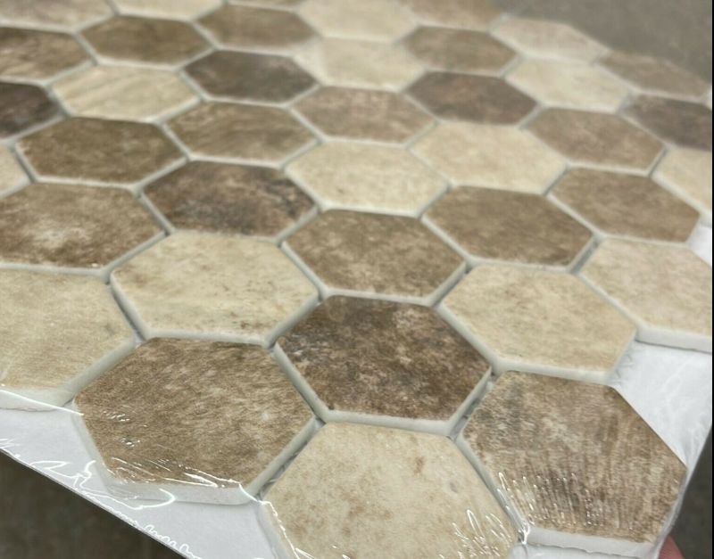 Photo 1 of 6 cases- Travertine Hexagon 12 In. X 10 mm Travertine Mesh-Mounted Mosaic 0.98sq ft -15pieces 
