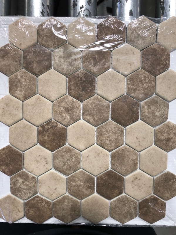 Photo 3 of 6 cases- Travertine Hexagon 12 In. X 10 mm Travertine Mesh-Mounted Mosaic 0.98sq ft -15pieces 
