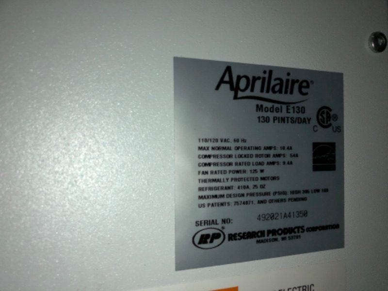 Photo 7 of Aprilaire E130C Pro 130 Pint Dehumidifier with Casters for Crawl Spaces, Basements, Whole Homes, Commercial up to 7,200 sq. ft.
