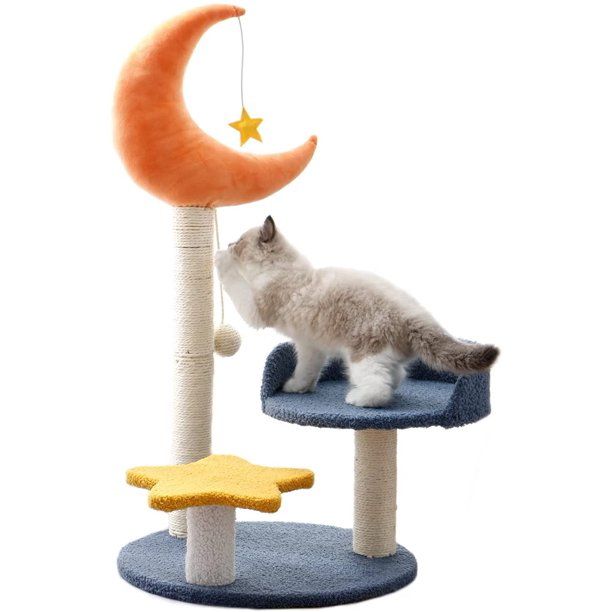 Photo 1 of 3 Cat Poles Scratching Post - Sisal-Covered Scratching Posts Cat Tree with 2 Platforms and Hanging Ball, Cat Towers with Stars and Moon Shapes for Indoor Cats
