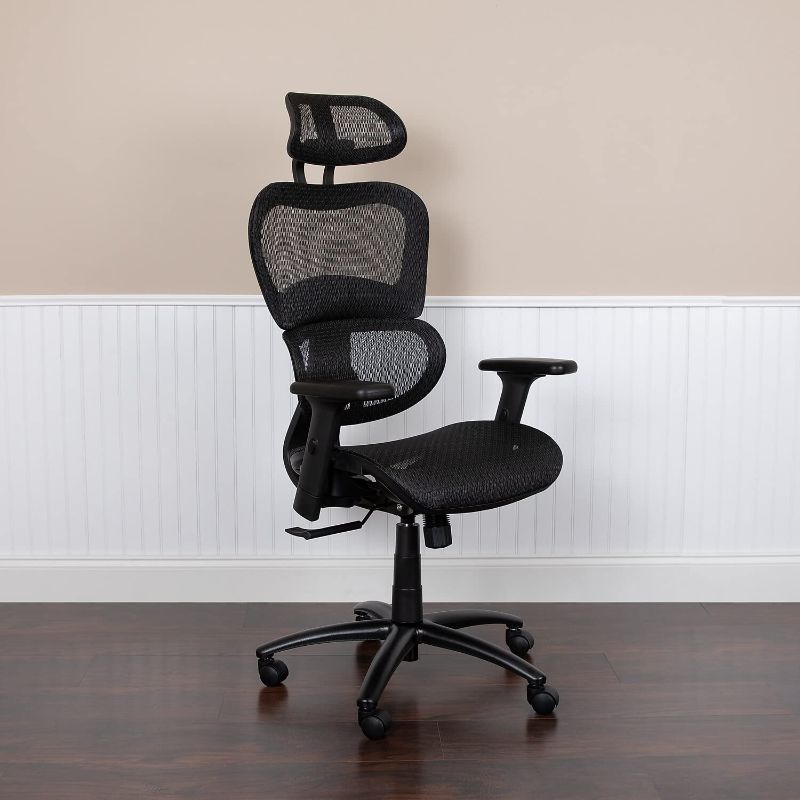 Photo 1 of Flash Furniture Ergonomic Mesh Office Chair with 2-to-1 Synchro-Tilt, Adjustable Headrest, Lumbar Support, and Adjustable Pivot Arms in Black
