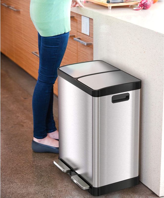 Photo 1 of (MINOR DAMAGE)iTouchless SoftStep 16 Gallon Step Trash Can & Recycle Bin with Activated Carbon Filter Deodorizers, Stainless Steel, 2 x 8 Gallon (30L) Removable Color-Coded Buckets, Soft Close and Airtight Seal
