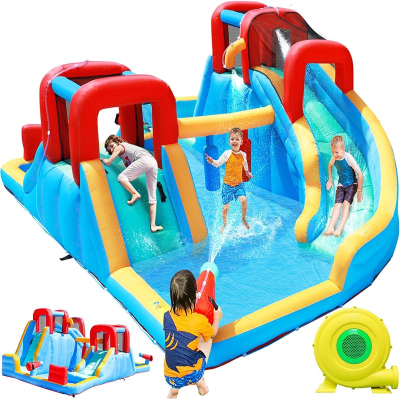 Photo 1 of FBSPORT Inflatable Water Slide Park, Bouncy Castle with Splash Pool & Climbing Wall, Punching Bag, Water Guns, Water Slide Bouncer for Outdoor Backyard with 750W Air Blower
