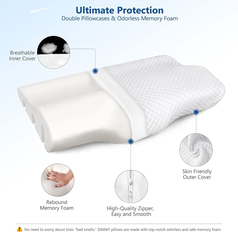 Photo 1 of  Contour Memory Foam Pillow for Neck Pain Relief, Adjustable Ergonomic Cervical Pillow for Sleeping, Orthopedic Neck Pillow with Washable Cover, Bed Pillows for Side, Back, Stomach Sleepers