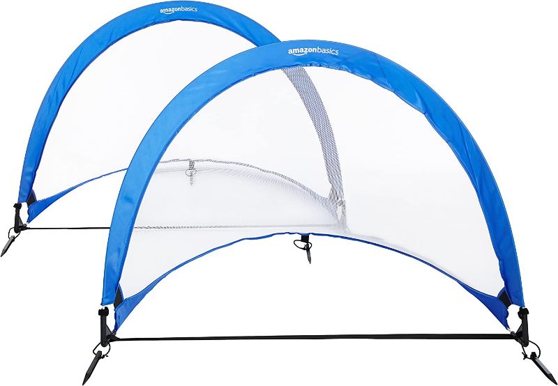 Photo 1 of Amazon Basics Pop-Up Soccer Goal Net Set with Carrying Case - 4 Feet, Blue(2 goals)