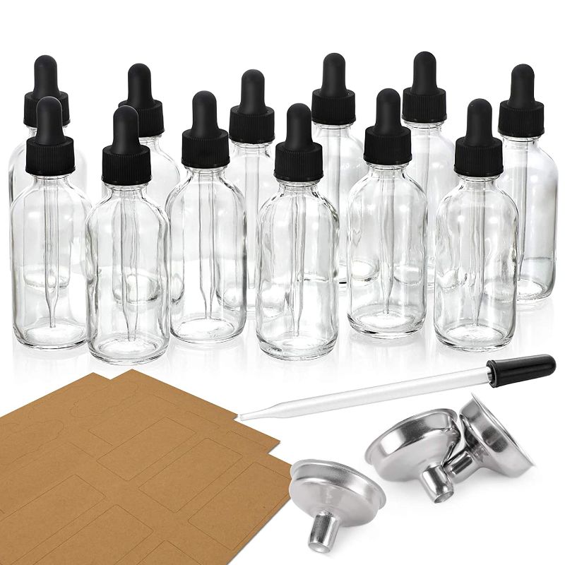 Photo 1 of 12 Pack, 2 oz Glass Dropper Bottle with 3 Stainless Steel Funnels & 1 Long Glass Dropper - 60ml Clear Glass Tincture Bottles with Eye Droppers for Essential Oils, Liquids - Leakproof Travel Bottles
