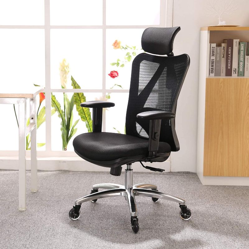 Photo 1 of XUER Ergonomic Office Chair, Mesh Computer Desk Chair with Adjustable Sponge Lumbar Support, Thick Cushion, PU Armrest and Headrest, High Back Swivel Home Office Task Chair for Work (Black)
