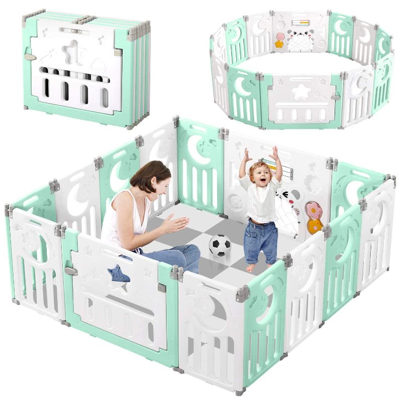 Photo 1 of Baby Playpen, Dripex Upgrade Foldable Kids Activity Centre Safety Play Yard Home Indoor Outdoor Baby Fence Play Pen NO Gaps with Gate for Baby Boys Girls Toddlers (Light Green + White)
